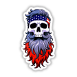 Cool Skull With American Flag Bandana: A detailed cartoon skull illustration featuring a beard and flag-themed bandana, available as vinyl stickers or digital artwork from Decal Venue.