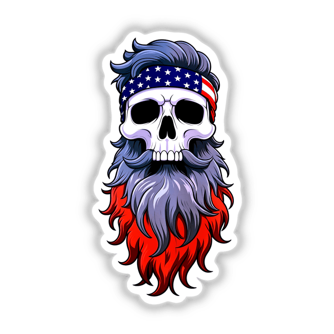 Cool Skull With American Flag Bandana: A detailed cartoon skull illustration featuring a beard and flag-themed bandana, available as vinyl stickers or digital artwork from Decal Venue.