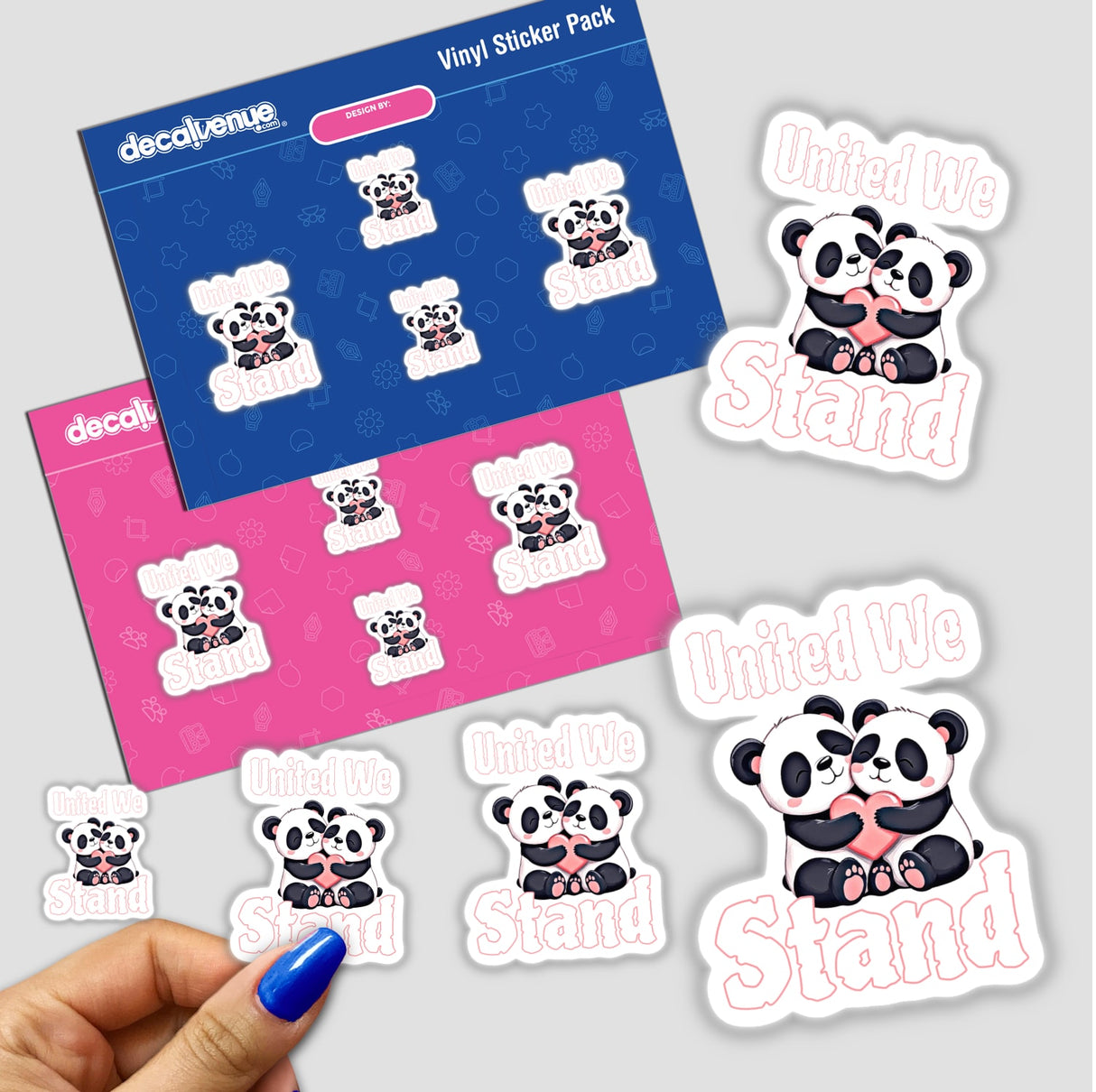 Cute bears sticker featuring two cartoon pandas hugging, held by a hand with blue nail polish. Available as stickers or digital artwork from Decal Venue.