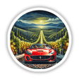 Ferrari driving through a vineyard with mountains in the background, available as stickers or digital artwork from Decal Venue.