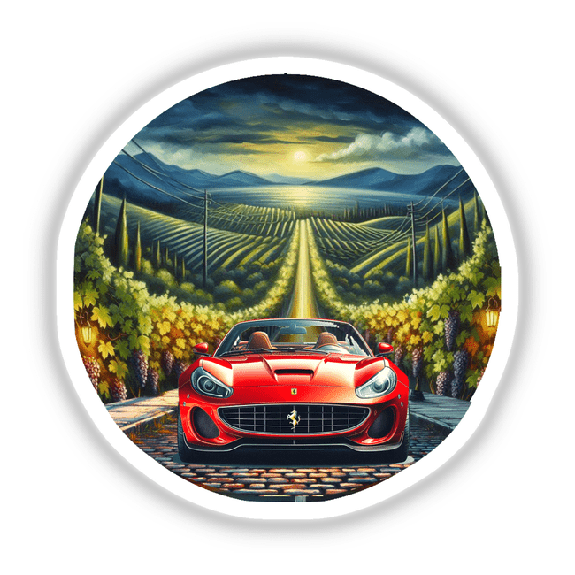 Ferrari driving through a vineyard with mountains in the background, available as stickers or digital artwork from Decal Venue.