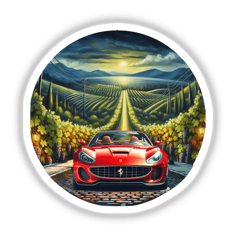 Ferrari driving through a vineyard with mountains in the background, available as stickers or digital artwork from Decal Venue.