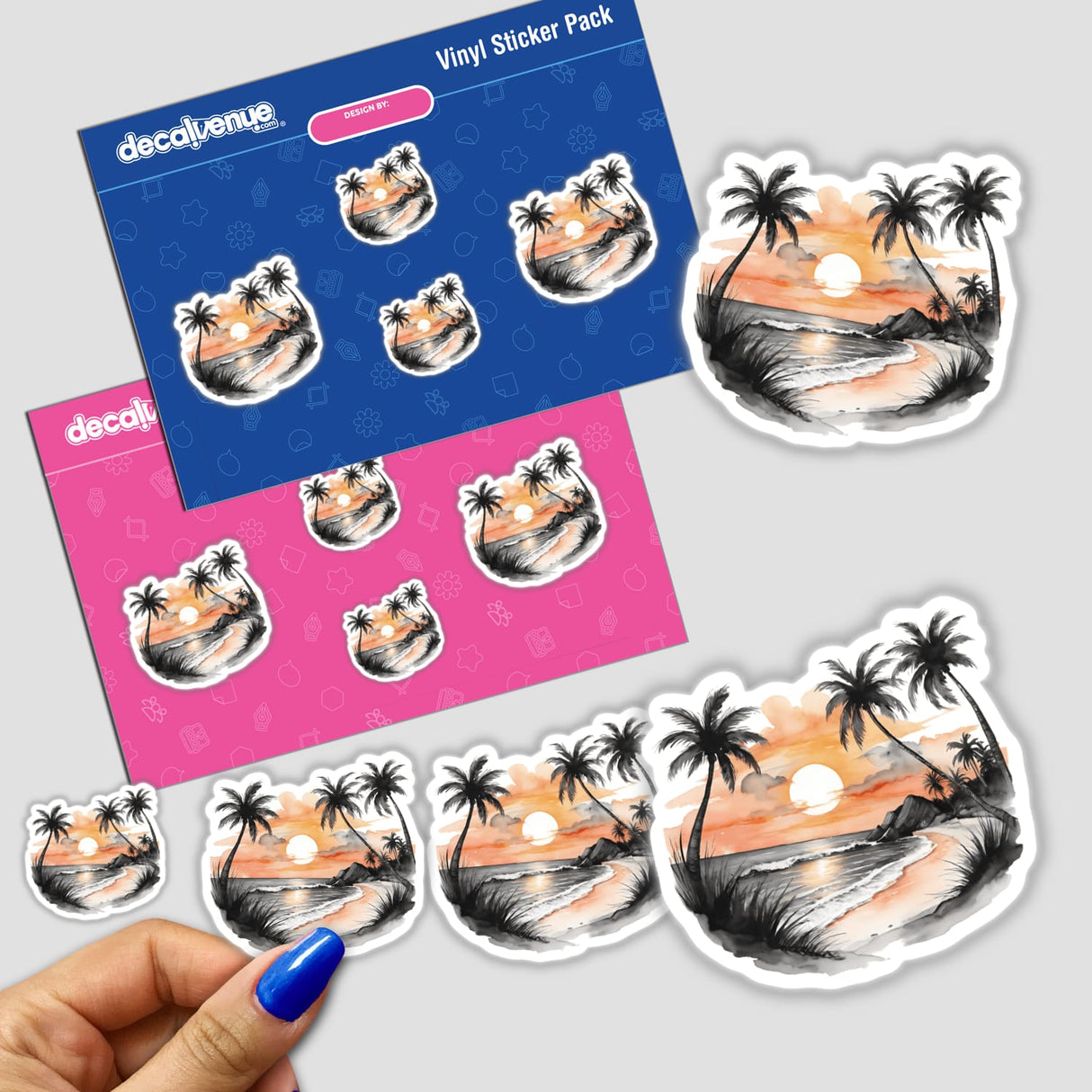 Palm Tree Beach Sunset PA07 sticker features a beach scene with palm trees and a sunset, available as a sticker or digital artwork from Decal Venue.