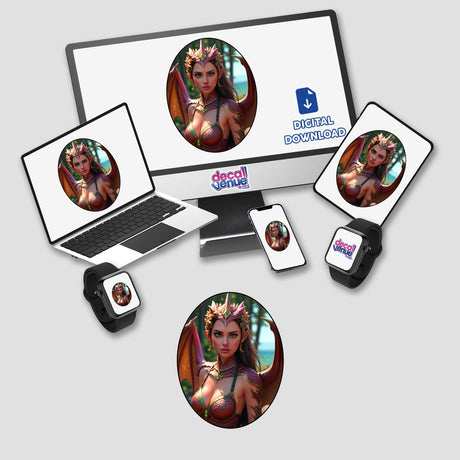 A Beautiful Fantasy Dragon Girl illustration on a computer monitor and laptop, offered as stickers or digital artwork. Suitable for decor or digital use from Decal Venue.