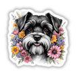 Adorable Schnauzer dog portrait surrounded by vibrant floral arrangements, including pink and yellow flowers, creating a beautiful and eye-catching digital artwork.