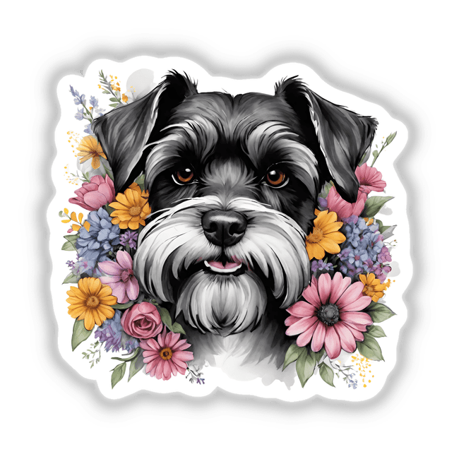 Adorable Schnauzer dog portrait surrounded by vibrant floral arrangements, including pink and yellow flowers, creating a beautiful and eye-catching digital artwork.