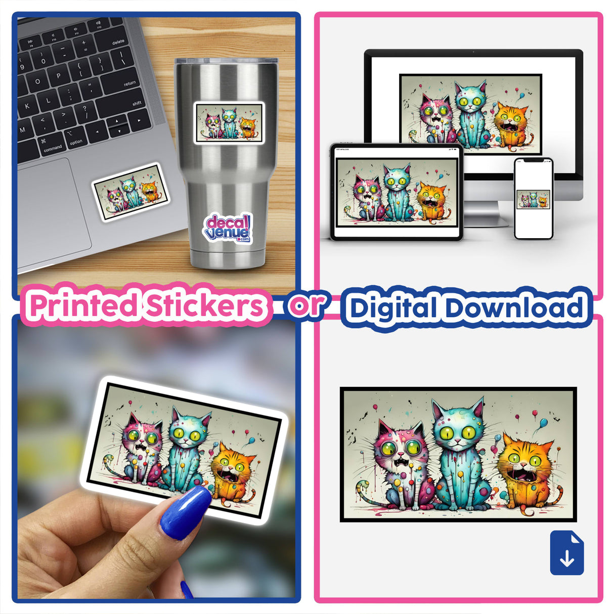 A collage featuring 3 Psycho Cats as stickers or digital artwork, showcasing cartoon cats with vibrant expressions alongside laptops, embodying Decal Venue's unique creative style.