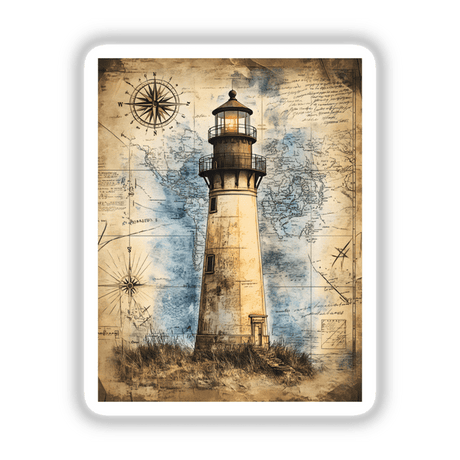 Lighthouse on Vintage World Map featuring a detailed compass and lighthouse illustration, available as stickers or digital artwork from Decal Venue.