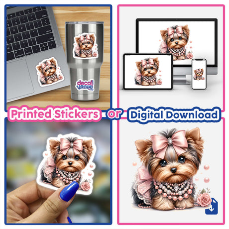 Adorable Yorkshire Terrier dog in pink and pearl outfit featured on laptop, mobile device, and printed sticker