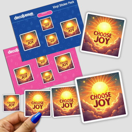 A hand holding a Choose Joy sticker pack, featuring a sun and clouds, symbolizing mental health affirmation.