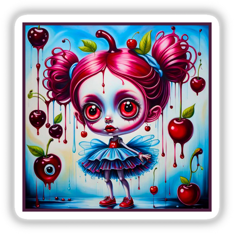 Bratty Princess Doll of Cherries: A cartoon girl with pink hair and a blue dress surrounded by cartoon cherries, available as unique stickers or digital artwork from Decal Venue.