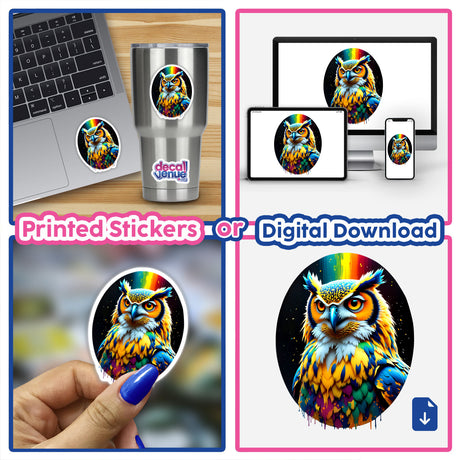 A Cool And Colorful Owl sticker collage, featuring vibrant owl designs, showcased on various surfaces like a laptop and cup, available as stickers or digital artwork from Decal Venue.