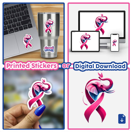 Elephant Pink Ribbon Breast Cancer sticker collage, featuring a laptop, fingernail painting, and elephant with pink ribbon design. Available as unique stickers or digital artwork.