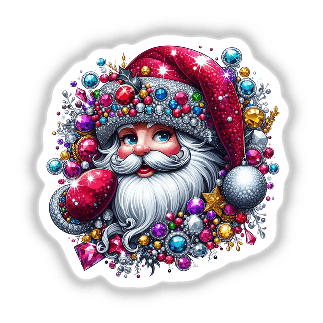 Colorful Christmas Jeweled Santa Claus Face depicted in a cartoon style, available as stickers or digital artwork, featuring detailed gem accents, reflecting Decal Venue's unique artistic flair.