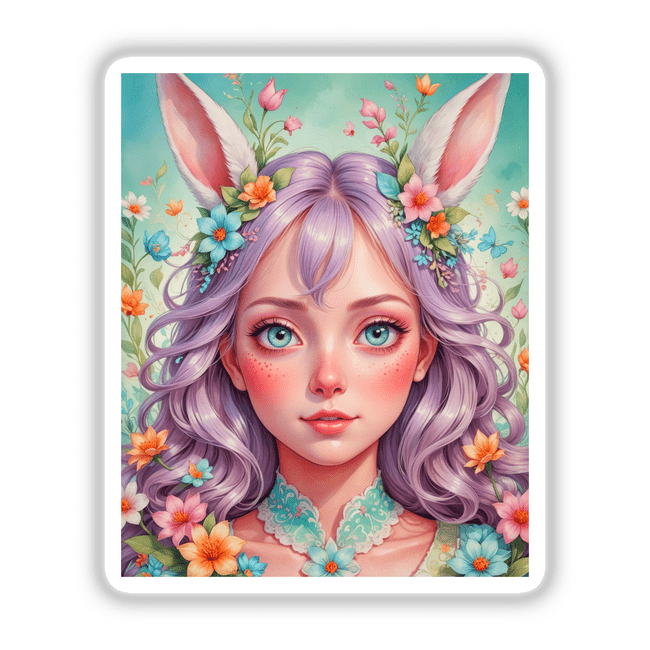 A Cute Easter Bunny Girl cartoon features a girl with bunny ears and floral accents, highlighting her expressive blue eyes. Available as stickers or digital artwork from Decal Venue.