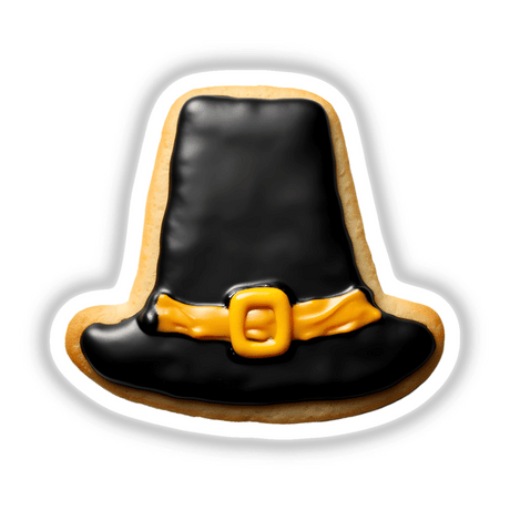 Pilgrim Hat Shaped Cookie with Black Icing and Gold Buckle, available as stickers or digital artwork from Decal Venue.