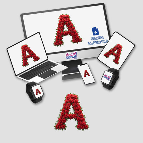 Floral Alphabet Letter A Clipart - Stickers or Download with Commercial Rights, featuring a laptop and computer screen displaying a letter made of roses.