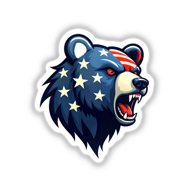 A Cool American Flag Bear cartoon illustration featuring stars and stripes, available as stickers or digital artwork from Decal Venue.