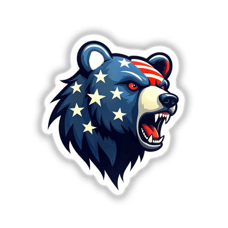 A Cool American Flag Bear cartoon illustration featuring stars and stripes, available as stickers or digital artwork from Decal Venue.