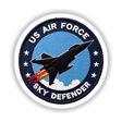 Patch labeled '0011 - US AIR FORCE SKY DEFENDER' featuring a jet flying in the sky, available as stickers or digital artwork.