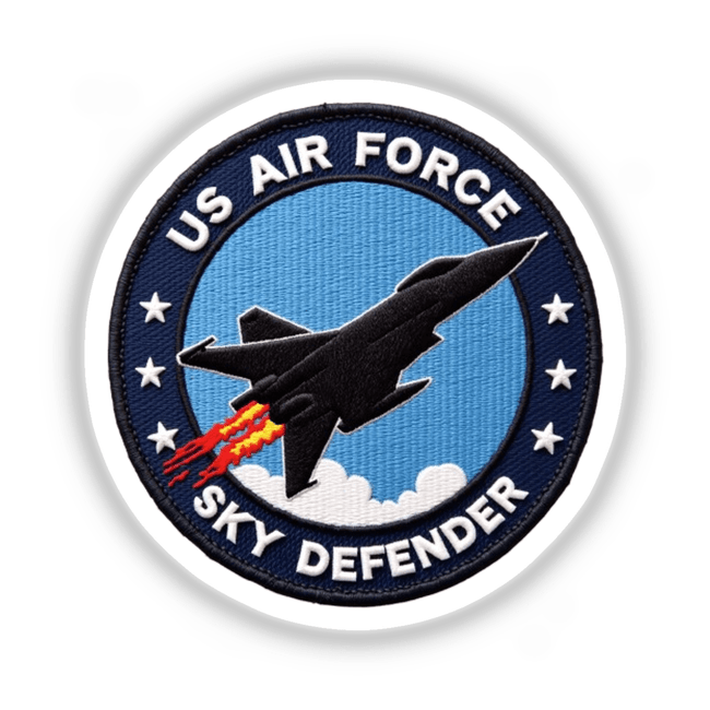 Patch labeled '0011 - US AIR FORCE SKY DEFENDER' featuring a jet flying in the sky, available as stickers or digital artwork.