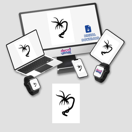 Digital artwork titled Abstract Flower displayed on a computer monitor and laptop, featuring intricate black and white plant sketches and a smart watch with a black screen nearby.