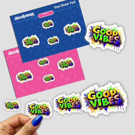 Good Vibes Graffiti Art sticker pack featuring vibrant text with paint splatters, showcasing a unique design ideal for personalization. Available as stickers or digital artwork, perfect for creative expression.