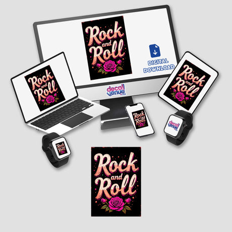 Rock And Roll Roses design displayed on a computer screen, showcasing a vibrant mix of roses and rock elements, available as stickers or digital artwork from Decal Venue.