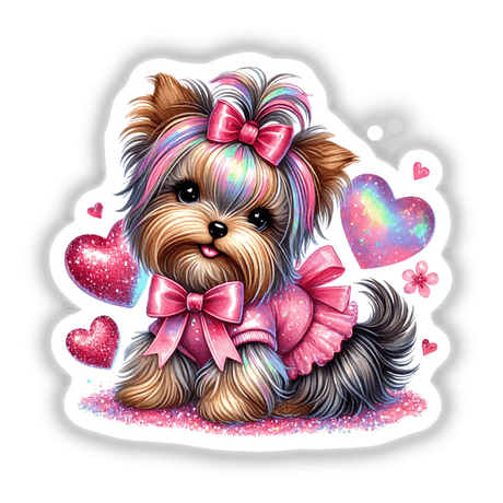 Irridescent Glitter Hearts Yorkie Dog: Cartoon Yorkie in pink dress, adorned with a pink bow, surrounded by glitter hearts. Available as stickers or digital artwork from Decal Venue.