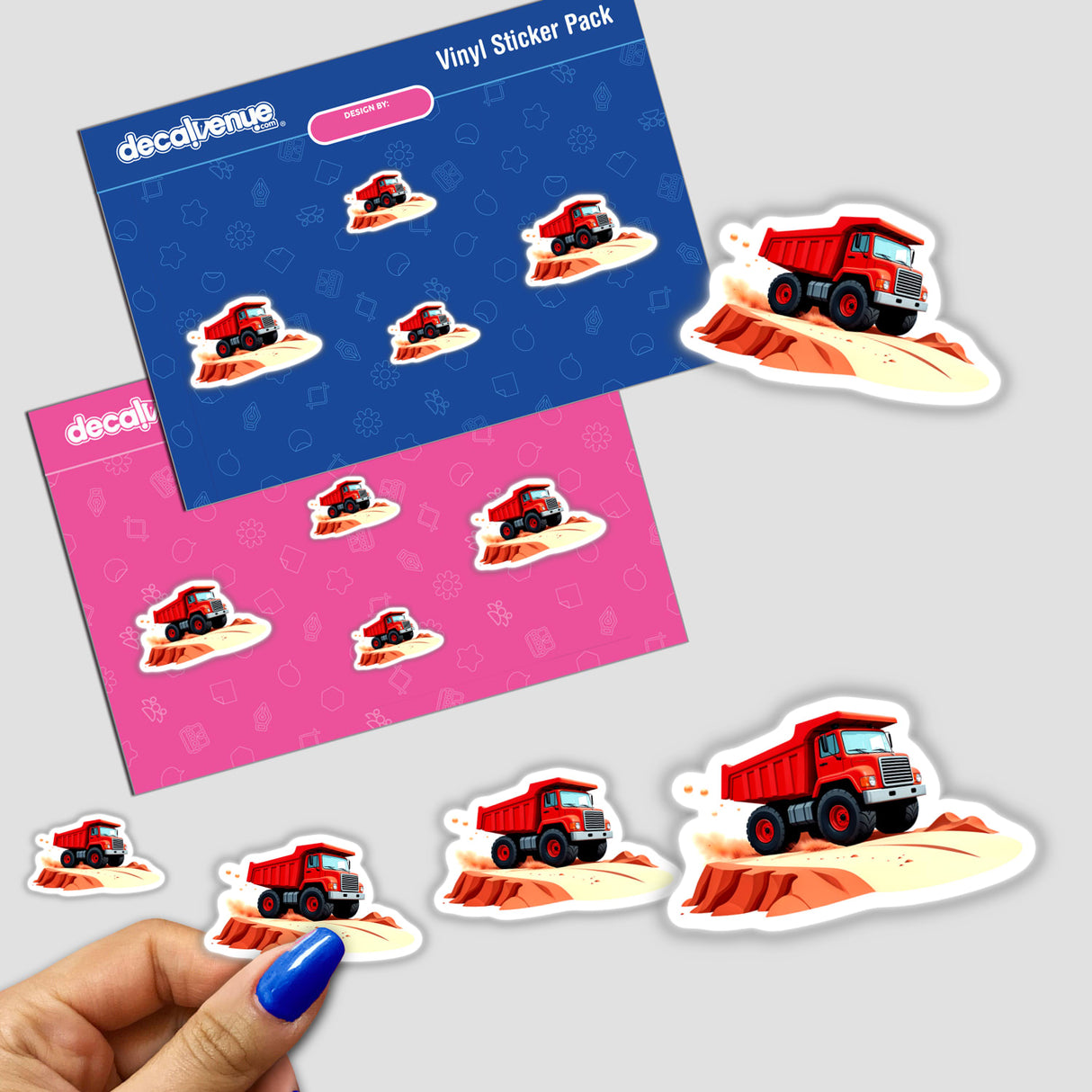 Red dump truck stickers featuring cartoon designs, available as a sticker pack or digital artwork from Decal Venue, specializing in unique stickers and digital art.