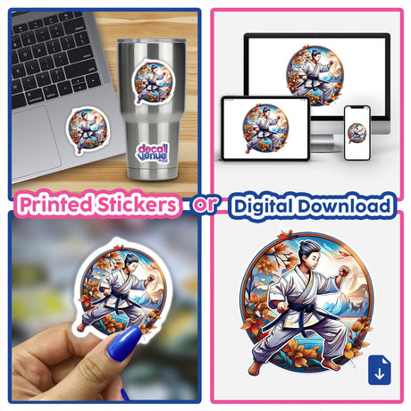 Vibrant digital artwork sticker featuring martial arts athletes in action poses, available as a printed sticker or digital download from Decal Venue's collection of unique stickers and digital art.