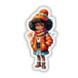 Cozy Winter Sticker - Afro Girl in Orange Knit Hat & Scarf Illustration featuring a cartoon girl with a backpack, showcasing a winter outfit, perfect for stickers or digital artwork.