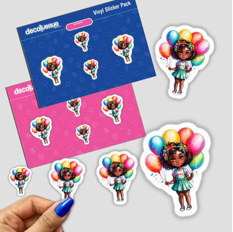 Birthday Joy: Cute Girl with Balloons Sticker featuring a cartoon girl holding colorful balloons, available as individual stickers or in a sticker pack.