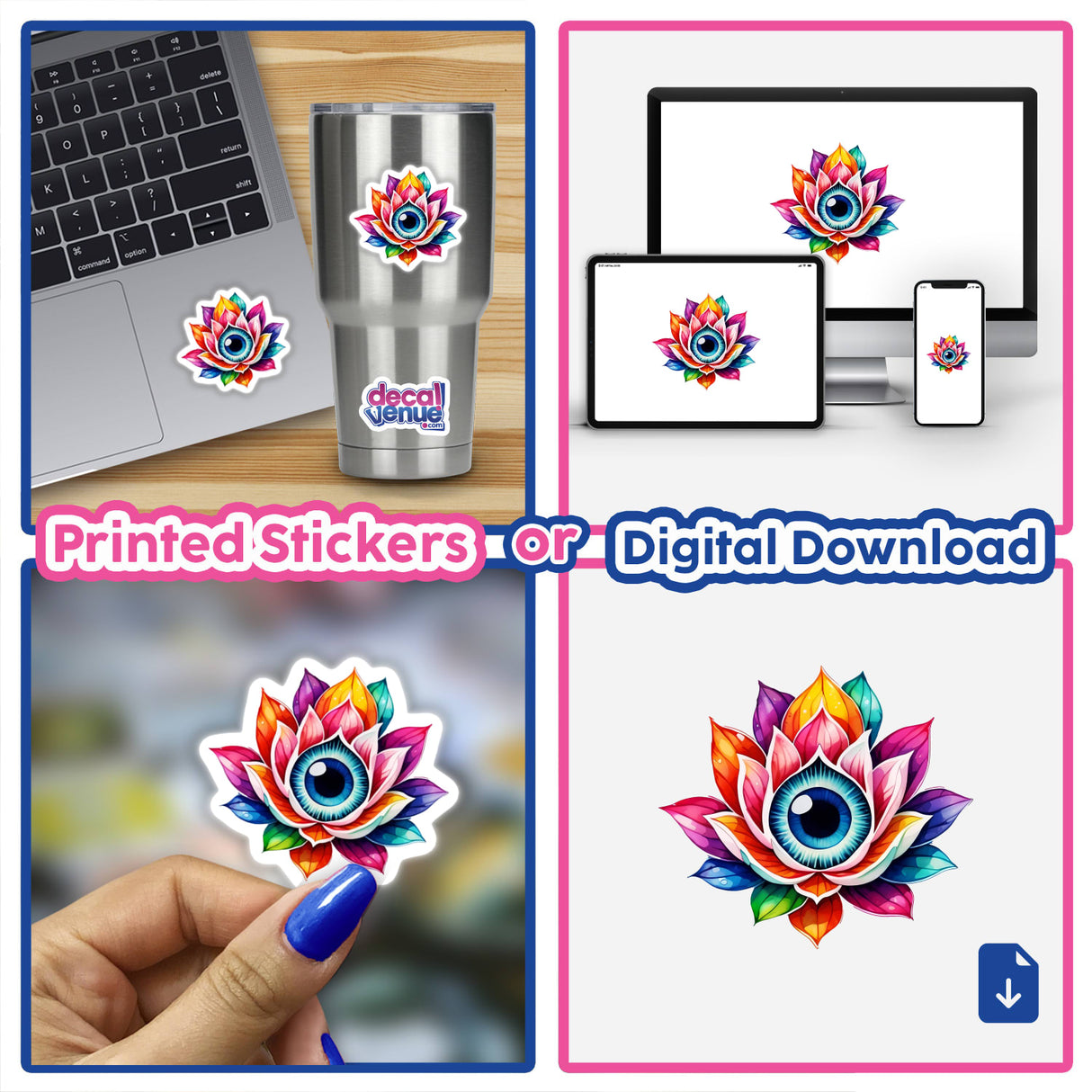 Colorful Lotus Third Eye: Vibrant Sticker Design featuring a close-up of a laptop adorned with a flower sticker and a hand holding a similar sticker.