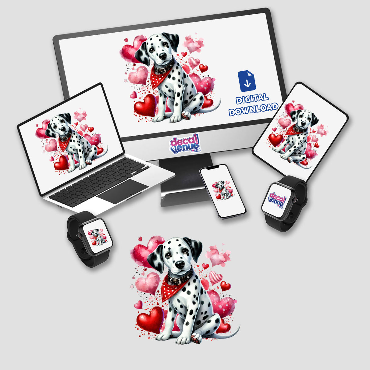 Watercolor Dalmatian Hearts: A digital artwork featuring a Dalmatian with a red bandana surrounded by hearts, displayed on a computer monitor and laptop screen. Available as stickers or digital art.