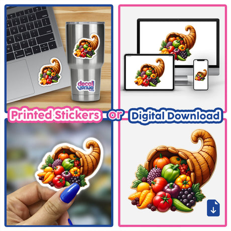 Cornucopia with Colorful Fruits and Vegetables sticker or digital artwork, featuring a detailed collage showcasing a hand holding the cornucopia filled with vibrant produce.