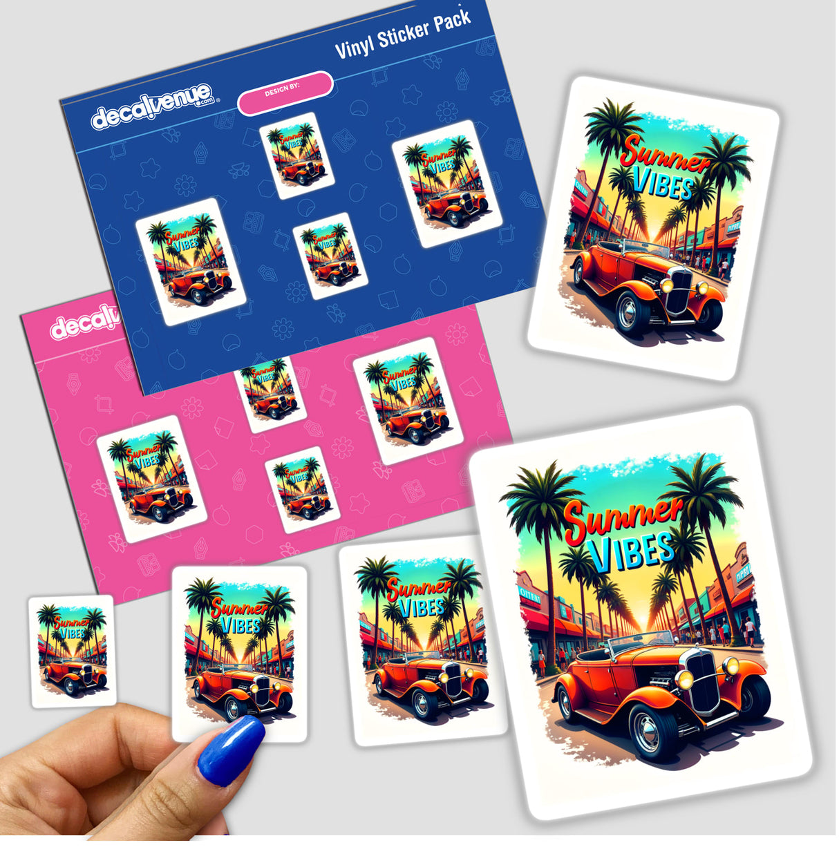 Summer Vibes Hot Rod Car stickers featuring cars and palm trees, held in a hand, embodying a vibrant, graphic design style. Available as stickers or digital artwork from Decal Venue.