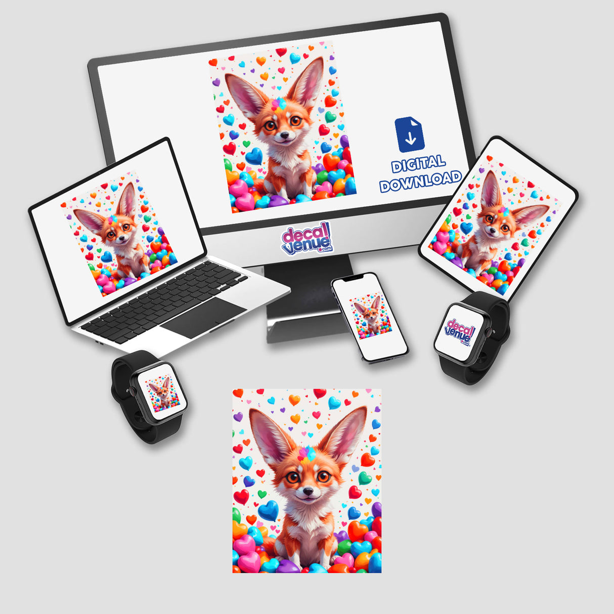 A Cute Fennec Fox With Love Hearts displayed on a computer monitor and laptop, available as vinyl stickers or digital artwork from Decal Venue.