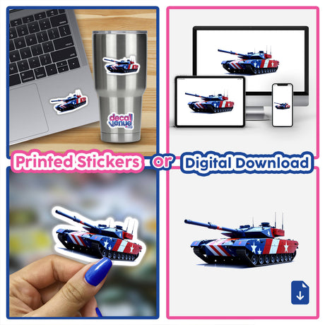 Collage featuring A Cool American Flag Army Tank as a sticker on a laptop, showcasing its unique red, white, and blue design, available at Decal Venue for both sticker and digital art formats.