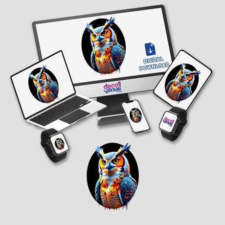 A Cool Hybrid Hawk Owl depicted on a computer monitor and laptop screen, available as stickers or digital artwork, showcasing a unique blend of owl features for Decal Venue.