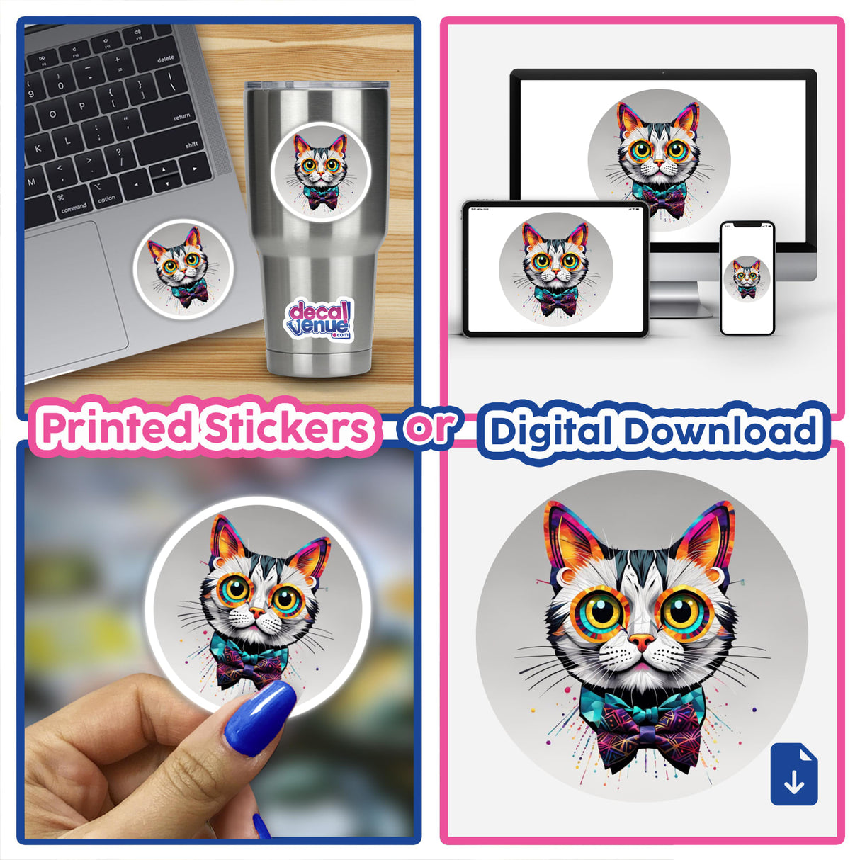 A collage featuring the Colorful Confident Cat sticker on a laptop. The design showcases a cartoon cat with a bow tie, available as a sticker or digital artwork.