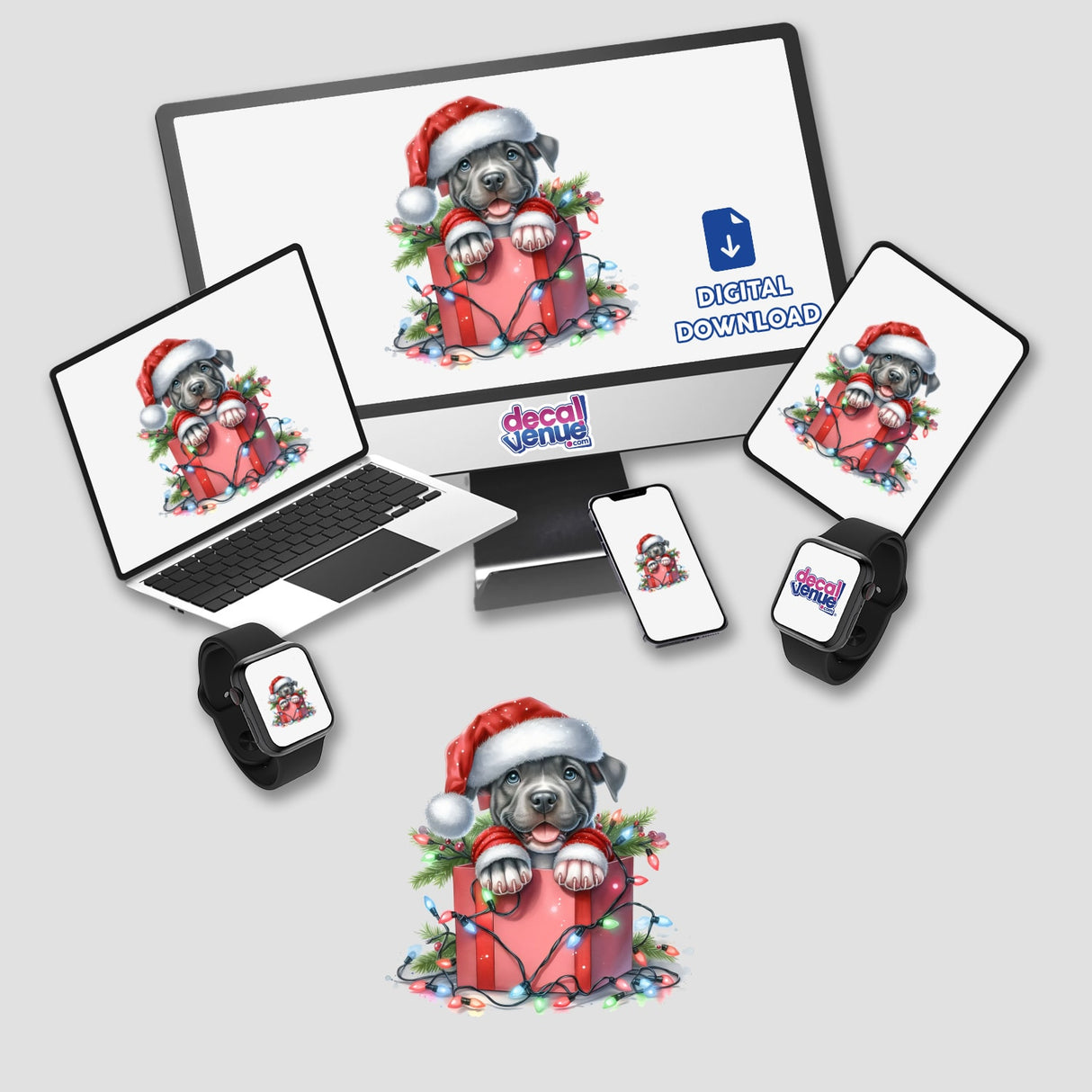 Santa Pitbull Dog in a Christmas Box sticker or digital artwork, featuring a playful dog in a gift box with lights, displayed across a laptop, monitor, and tablet.