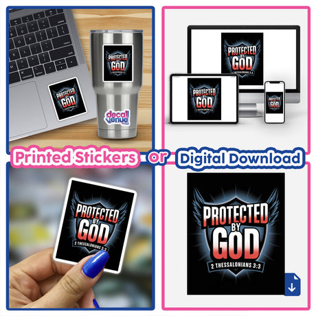 Collage featuring 'Protected by God' Christian Sticker, showcasing 2 Thessalonians 3:3 Bible Verse, offered as stickers or clipart with commercial rights. Emphasizes faith through unique design.