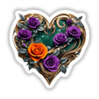 Golden Emerald Heart with Purple and Orange Roses featuring intricate floral design, available as stickers or digital artwork, showcasing a heart adorned with roses and leaves.