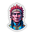 Native American Warrior Chief illustration featuring a man with braids and a feathered headdress, suitable for stickers or digital artwork.