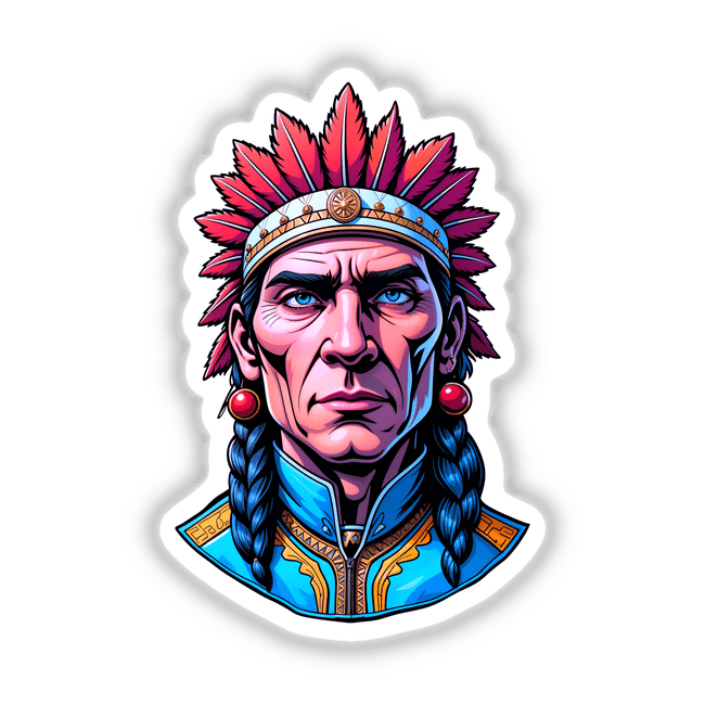 Native American Warrior Chief illustration featuring a man with braids and a feathered headdress, suitable for stickers or digital artwork.