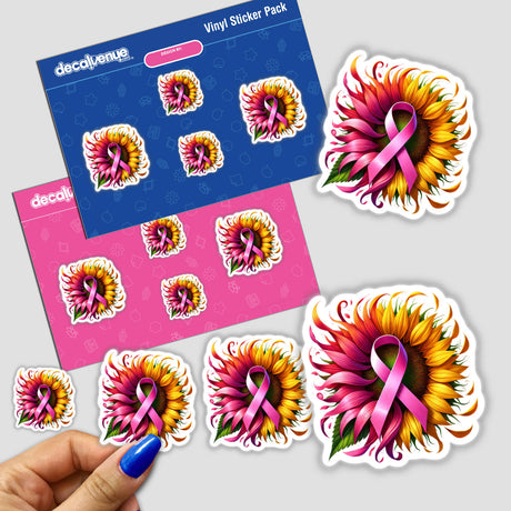 Sunflower Pink Ribbon Breast Cancer stickers featuring sunflowers with pink ribbons, available as stickers or digital artwork. Close-up includes a finger holding a sticker.