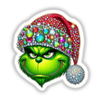 Green Grouch Christmas Face with Jeweled Santa Hat III, featuring a cartoon Grinch character adorned with a gem-studded Santa hat, available as unique stickers or digital artwork from Decal Venue.