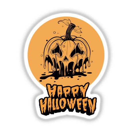 Happy Halloween sticker featuring a pumpkin with a spooky skull face and black and orange text, perfect for unique seasonal decoration.