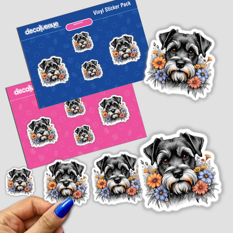 Charming Schnauzer Dog Portrait Floral Sticker Pack - Vinyl Decals Featuring Adorable Schnauzer Pup Surrounded by Vibrant Flowers